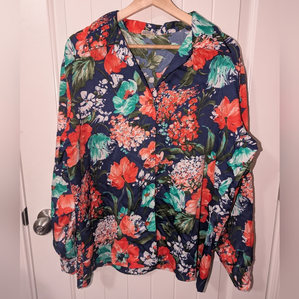 Vintage Pykettes Floral Button Up Blouse Navy/Red
